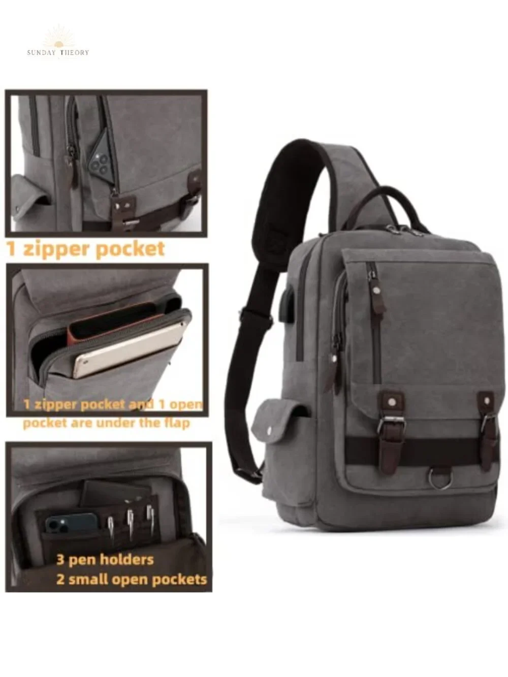 Canvas Messenger Bag with USB Charging and Anti-Theft Lock